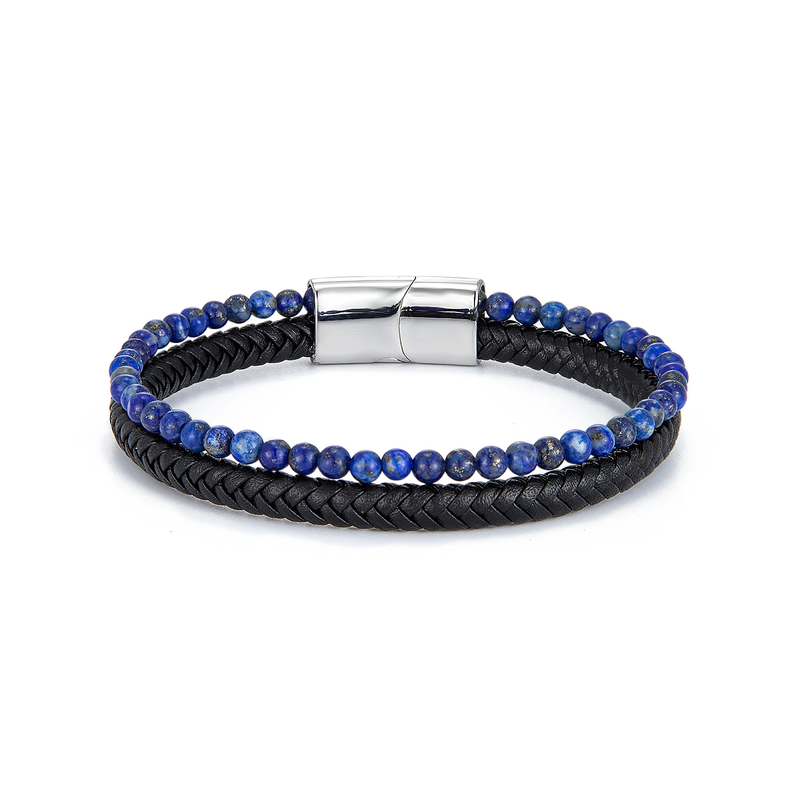 New Arrival custom Trendy Bead Stainless Steel Magnetic Clasp Mens Leather Bracelet Mens Jewelry Wholesale