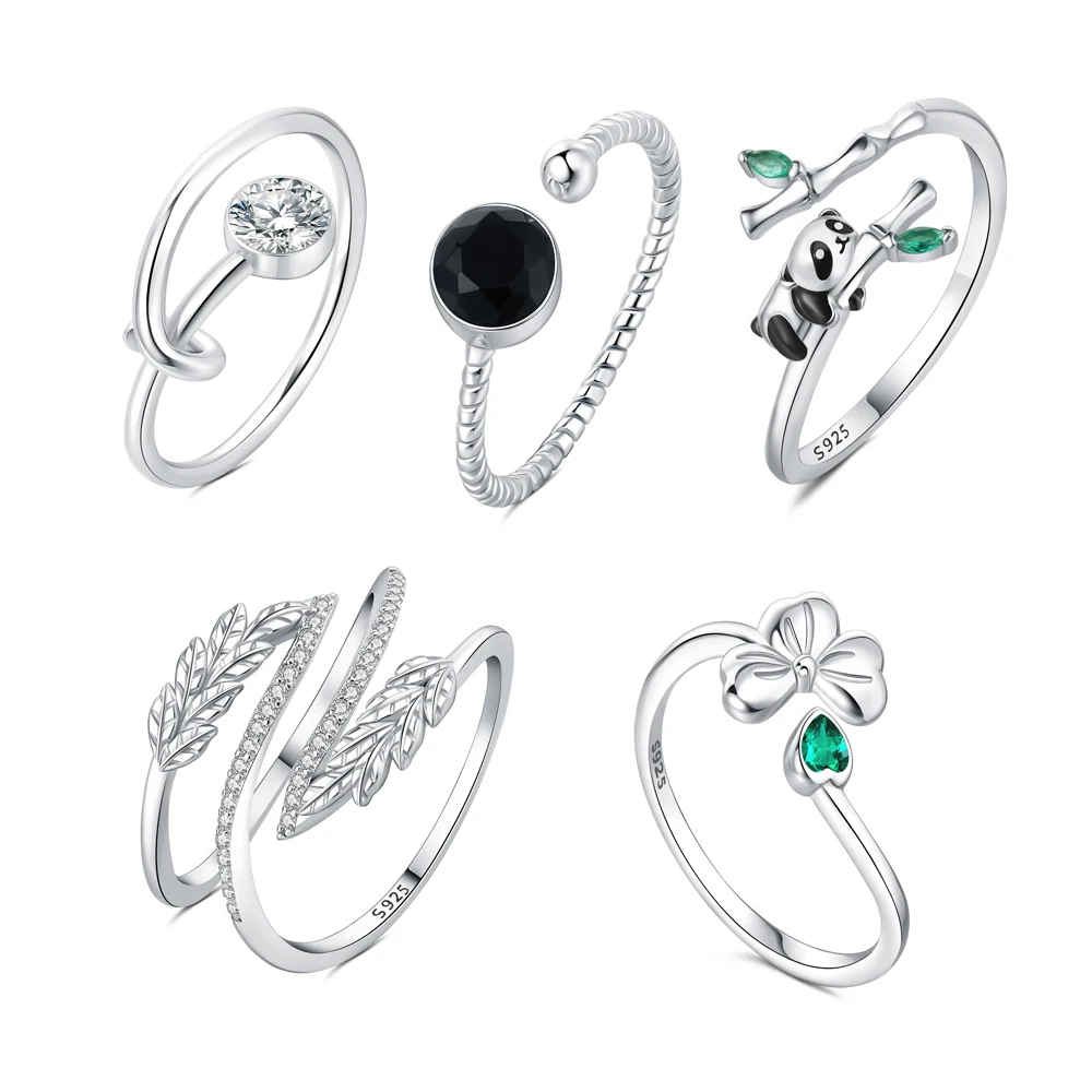 New Fashion S925 Sterling Silver CZ Rings for Women gift simple Diamond Four Leaf Clover Panda Love Open rings Jewelry wholesale