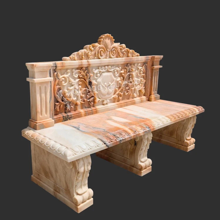 Customized Antique Outdoor Garden Decor Hand Carved Park Natural Stone Red Marble Bench Chair
