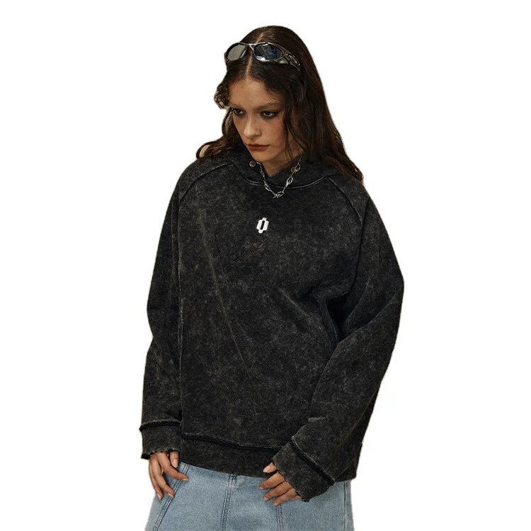 New trendy brand heavyweight sweatshirt washed with embroidery small logo raw edges pick up hoodie