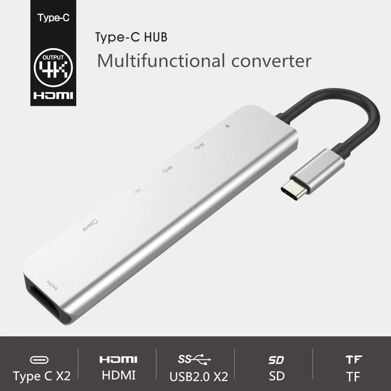 6 in1 USB Type C Hub Adapter 4K Multiport  USB3.0 TF PD SD Card Reader All In One hub For Macbook Pro And Windows Laptop