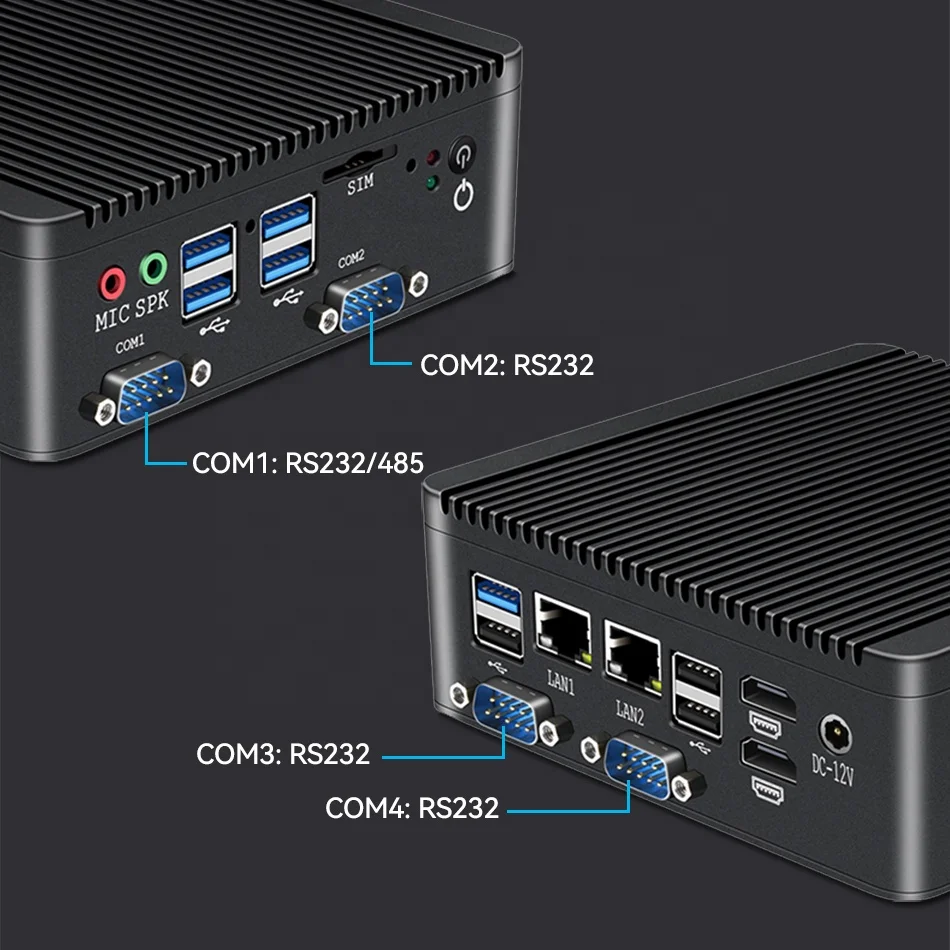 Fanless Industrial Mini PC Quad Core J4125 N4000 2 LAN 4 COM RS485 Win10 Pro Linux WIFI Desktop Computer