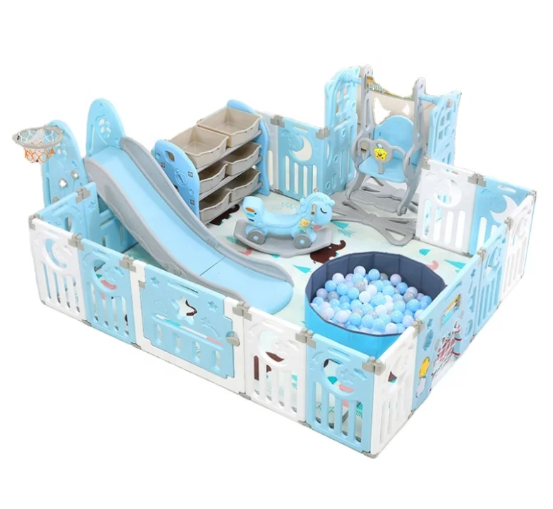 
Super large playpen 14 Panel+5 Foldable Kids Safety Activity Center Playard with swing rocking horse ball pool slide play m 