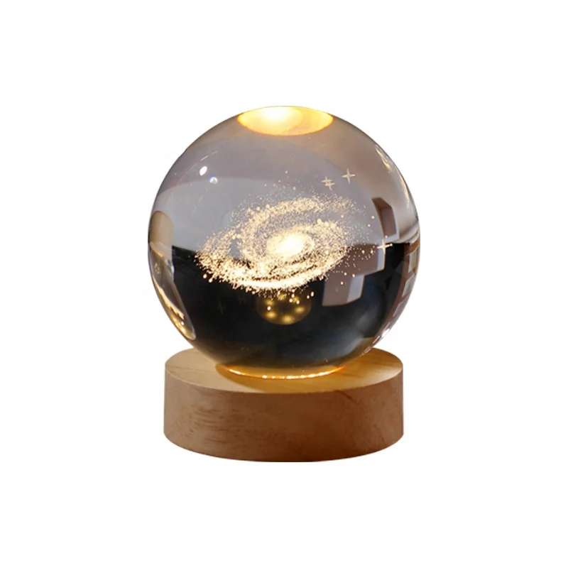 Creative Solar System Style Laser Carving Home and Office Glass Ball Solid Wood Base Decoration 3D Night Light