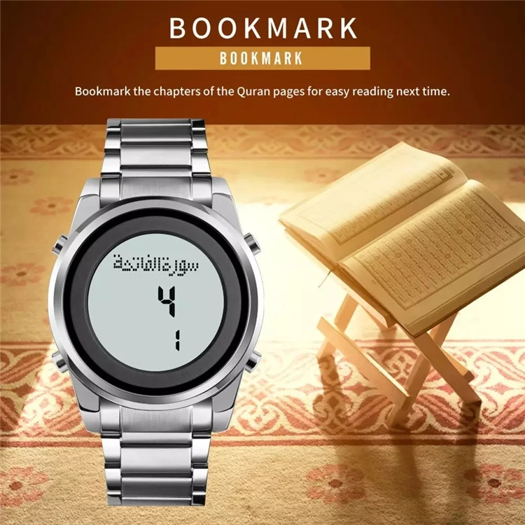 SKMEI Round Digital Watch For Men Qibla Time Reminder LED Golden Steel Religious Month Electronic Prayer Male Clocks 1734