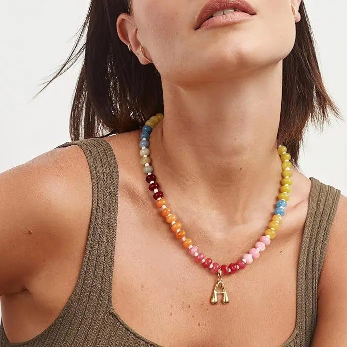 2024 New Initial Letter Necklaces Handmade Colorful Beaded Gemstone Choker 14K Gold Bubble Letter Pendant Necklace  Jewelry