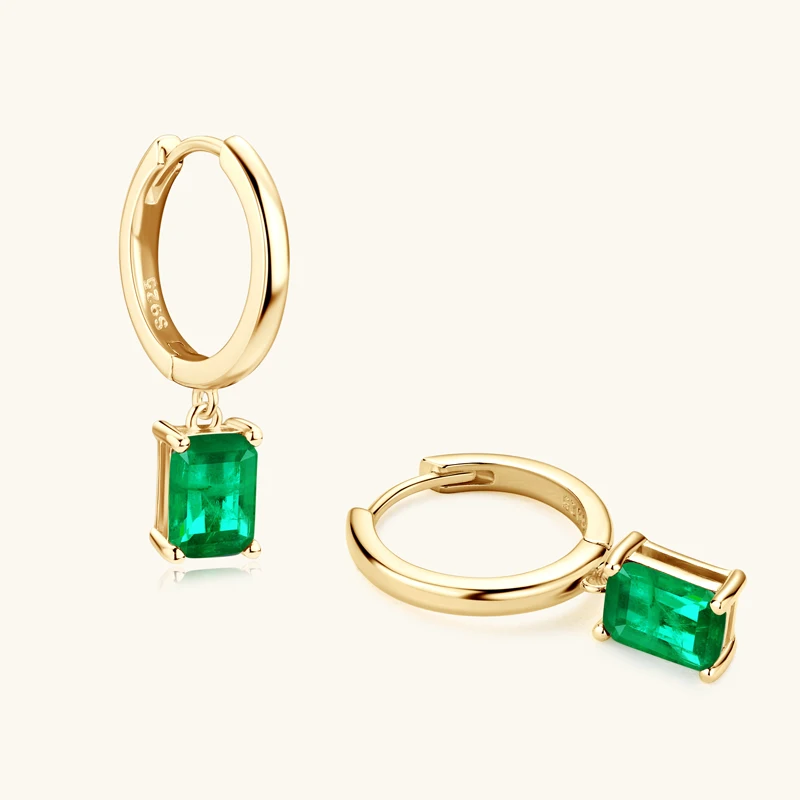 14K gold plated 925 Sterling Silver Radiant Cut Emerald Gemstone Drop Hoop Earrings For Women