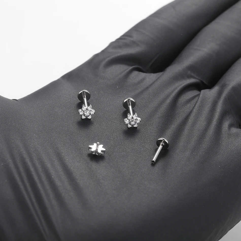 ASTM F136 Titanium 16G Internally Threaded Flower Zircon Labret Piercing Ear Stud Tragus Body Piercing Jewelry
