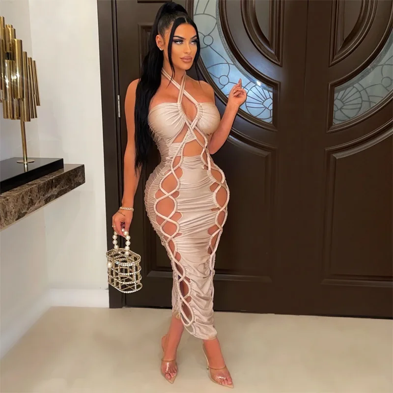 MD-2022060917    Cut Out women outfits sexy sleeveless halter stacked drawstring bandage plus size women dress