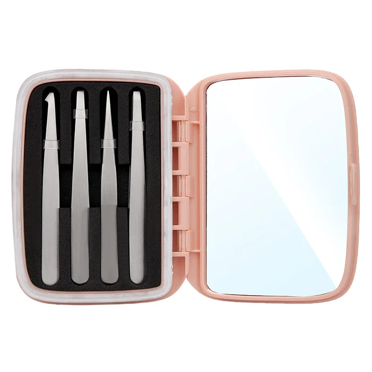 Profession 4PCS Stainless Steel Precision Tweezers Slant Tip Pointed Ingrown Hair Eyebrow Tweezer with Mirror Case