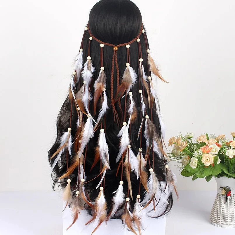Factory Wholesale Boho Feather Headpiece Headband Braided Hairband Gypsy Indian Feather Headdress