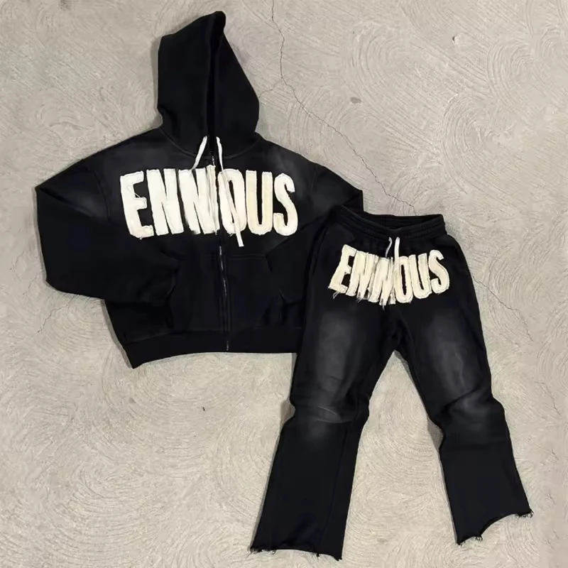 Custom Fleece Screen Printing Tracksuit Vintage Streetwear Men Oversized Sweatsuit Sweatpants And Hoodie Set