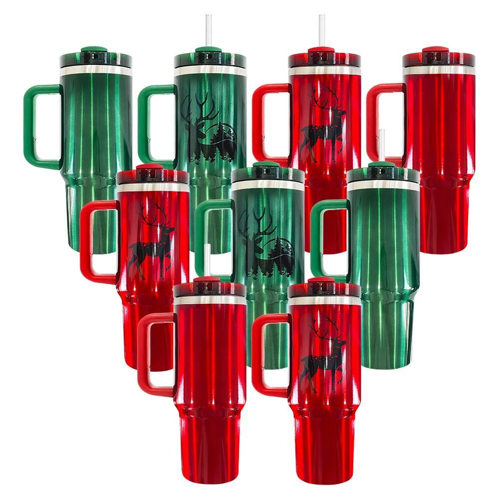 USA warehouse Christmas red green sublimation 40oz tumbler with handle lid and straw for White Sublimation Transfer