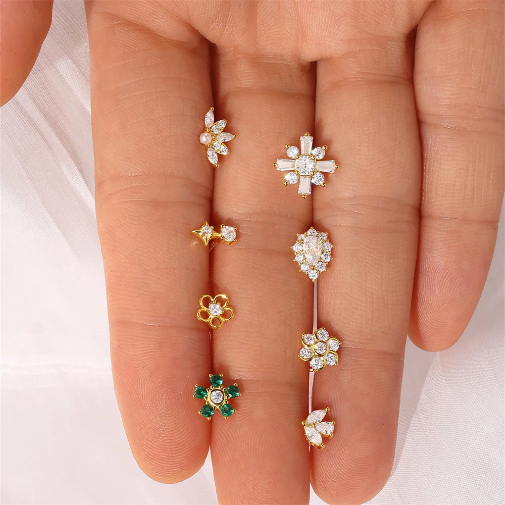 Classic 925 Sterling Silver Trio Stud Earrings Flower Love Shaped Leaf Collection White Cubic Zirconia Triple Stud Earrings Sets