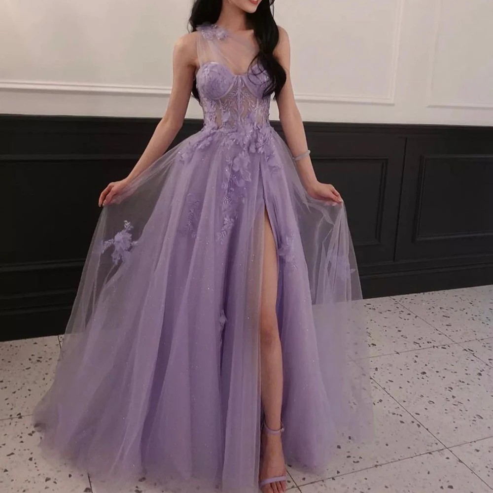 Elegant Bohemian Purple 3D Applique Lace Wedding Dress A-line Shiny Tulle Sleeveless Beach Evening Party Gown for Women 2023