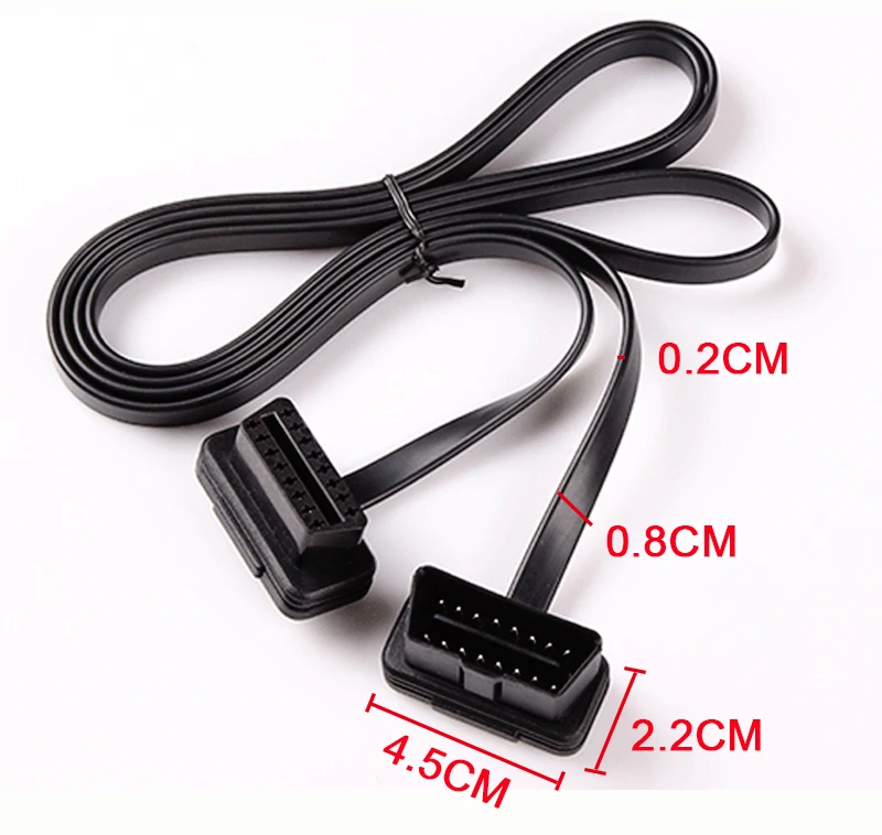 Low Profile Flat Ribbon OBD Diagnostic Cable Male to Female 16 Pin J1962 OBDII Right Angle Extension Wire OBD Extension Cable