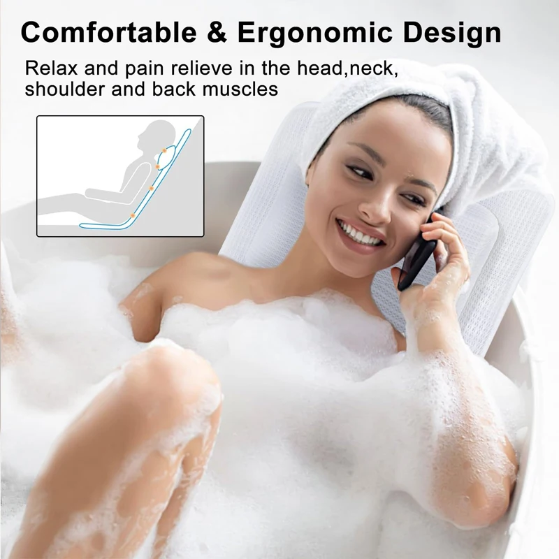 SUREWALHOME Full Body Bath Mattress Bathtub Mat with Pillow  Bathtub Cushion with Non Slip Suction Cups Ergonomic Bath Pillow