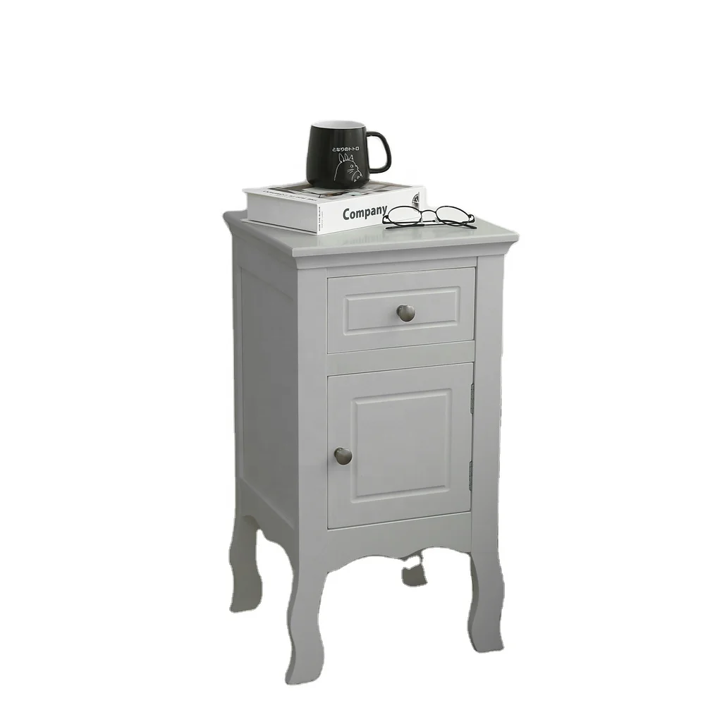 MDF Bedside Storage Cabinet With a Drawer and Cupboard, Raised Curved Leg,  White, Grey, 33 x 30 x 63 cm