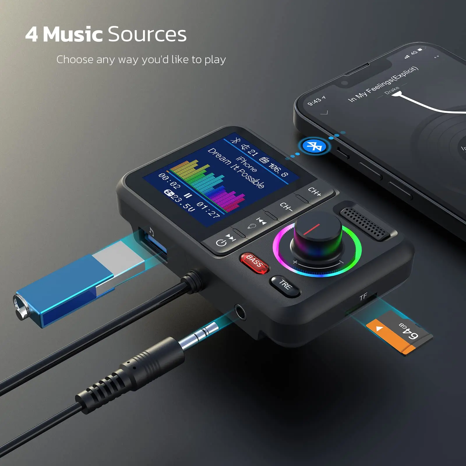 BT98 Wireless Car Bluetooth Adapter V5.0 with Big Color Screen AUX TF Card MP3 Music Player with Bass Treble Car FM Transmitter