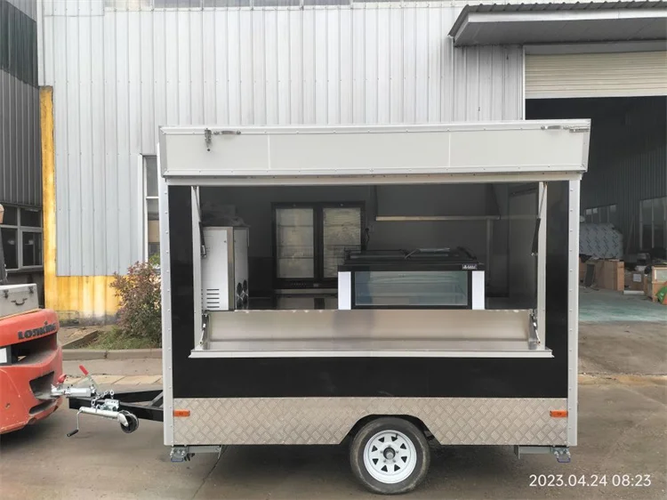 Concession enclosed food trailer dark black color food serving outdoor refrigerator mobile trailer for NZ customer