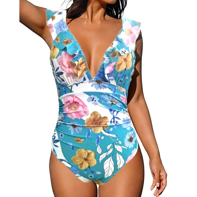 custom flower Printed one-piece swimsuit female swimwear Deep V-neck Ruffled ladies swimwear beachwear sexy casual