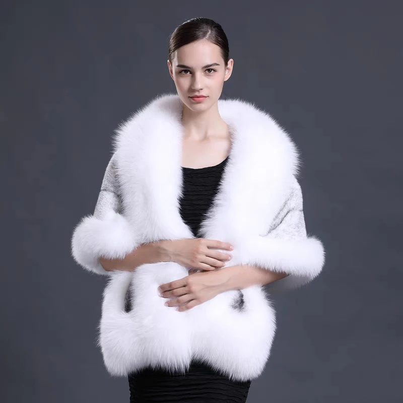 CX-B-M-05B Luxury Wedding Wear Plush Wrap Real Mink Fur Shawl with Fox Fur Trim