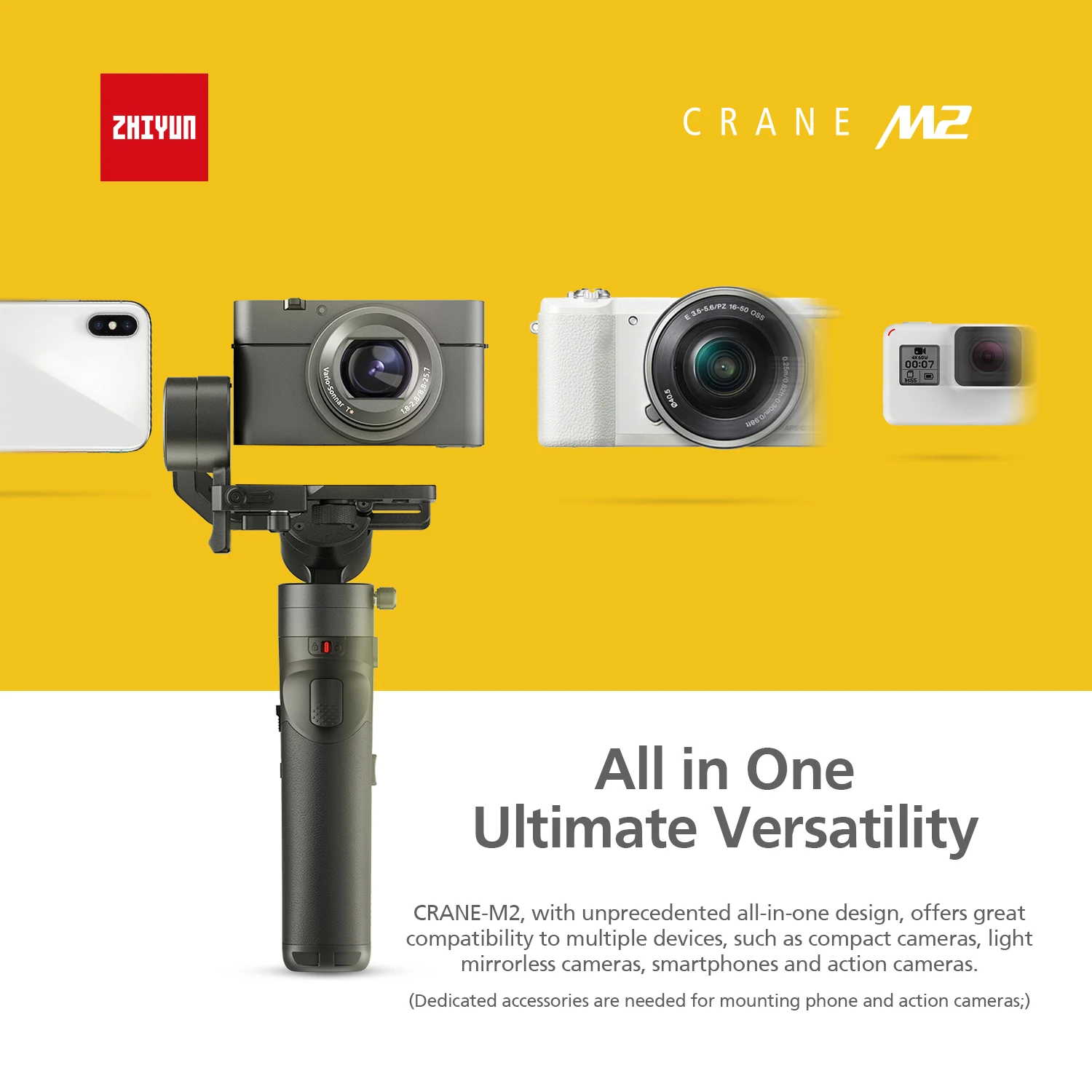 ZHIYUN Crane M2 3-осевой ручной шарнирный стабилизатор для камеры GoPro смартфонов и экшн-камеры компактных камер свет