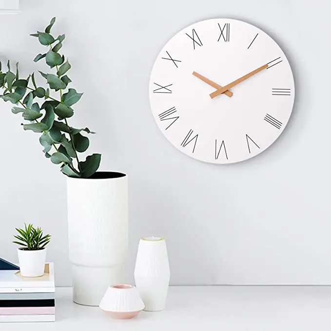 12 Inch Modern Wall Clock Silent Non-Ticking Battery Operated Wood Design Round Decorative Quartz