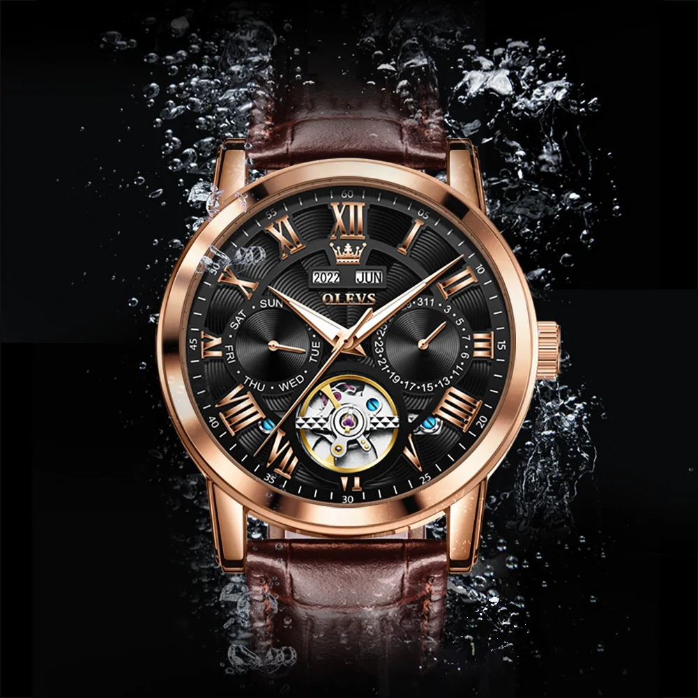 OLEVS 6668 Luxury Wrist Men Watch Waterproof Sport Leather Automatic Mens Mechanical Watches For Men