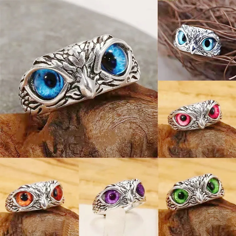 New Design Jewelry Fashion Finger Rings Open Adjustable Vintage Animal Blue Eye Owl Rings for Women Men