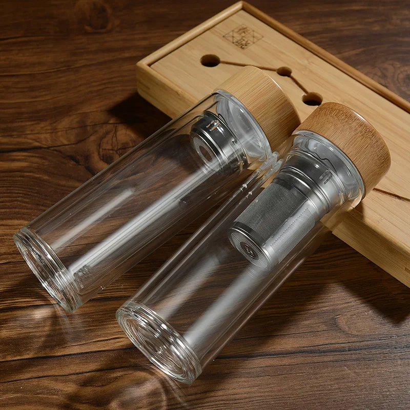 customer stainless steel infuser  bamboo lid double wall borosilicate glass  water bottle