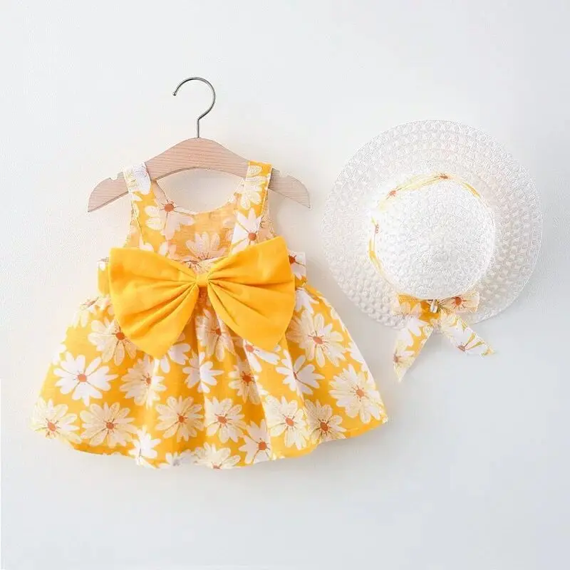 kids clothing bow knot girl dress summer baby dresses with hat
