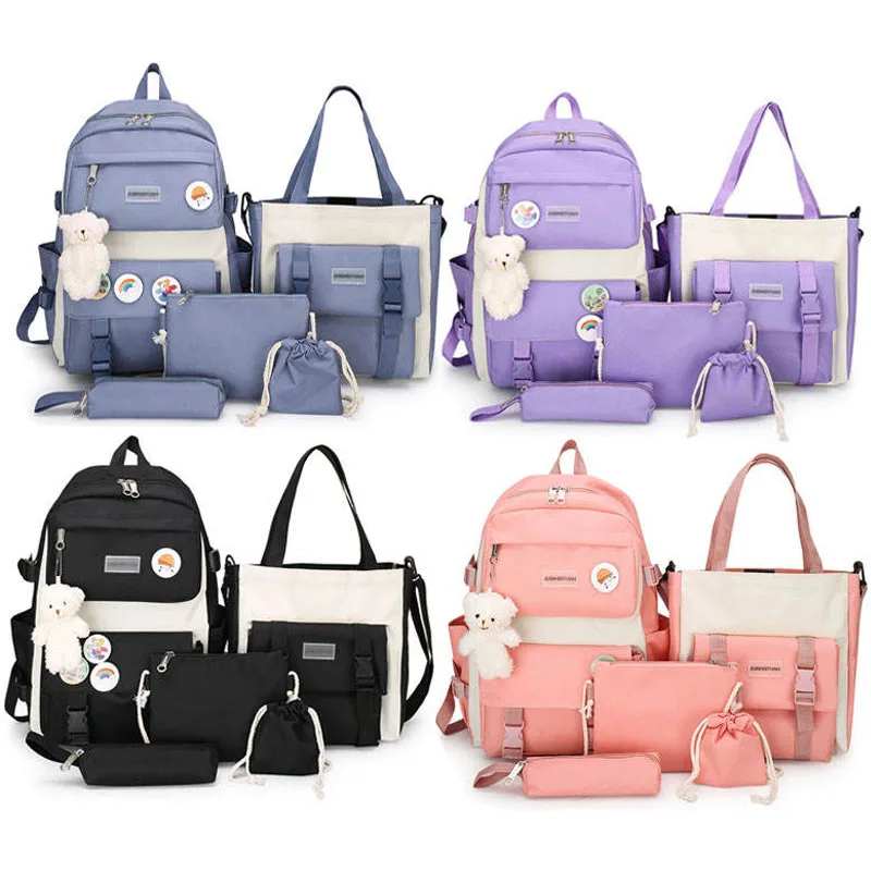 Custom Logo 5 Piece Set Cute Canvas Bag Hiking School Backpacks Trend School Bags for Teenagers Middle Book Bagpack School