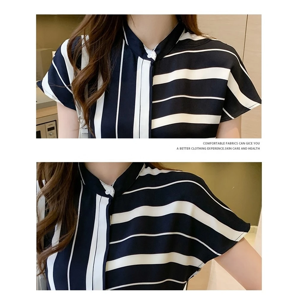 Wholesale New Arrival Oem Blouses Shirts Short Sleeve Summer Striped Chiffon Blouse Women Shirt Tops Ladies