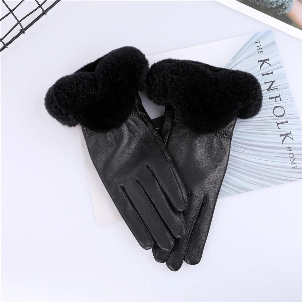 Женские перчатки из натуральной овечьей кожи, осенне-зимние теплые манжеты с отделкой мехом кролика Рекс, рукавицы, 2021
