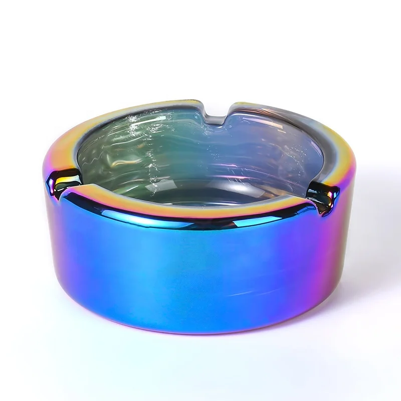 WOWO TECH Wholesale Fashion Design Round Pocket Glass Cigar Ashtray Electroplated Rainbow 85mm Custom LOGO Glass Ashtray