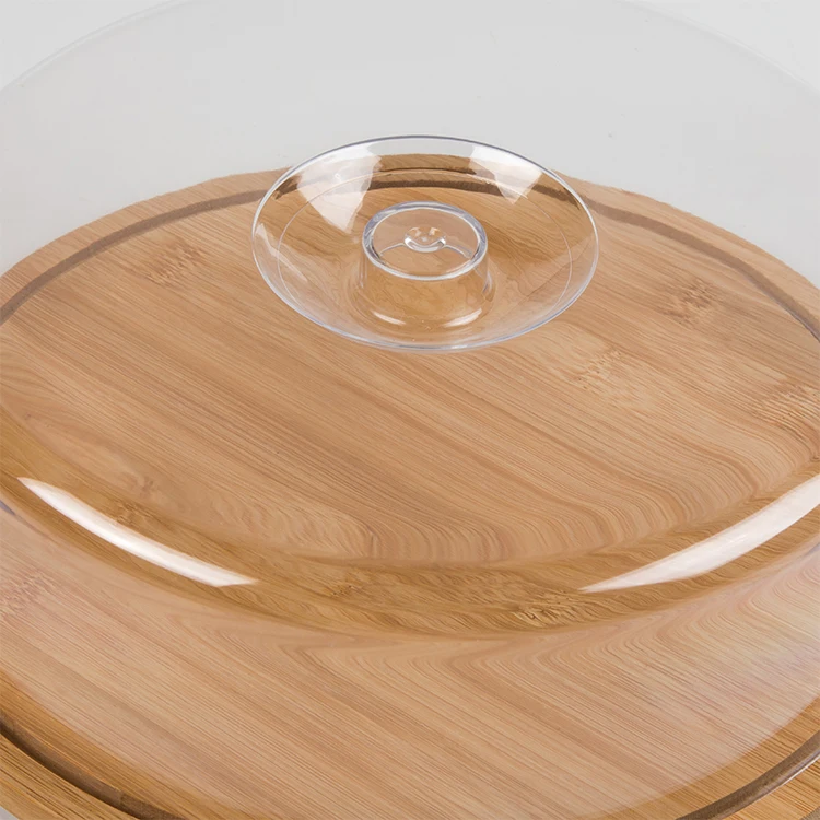 HOT sale Bamboo Bread Cake Display Stand,Buffet Display Tray,Transparent Cover Dessert Plate