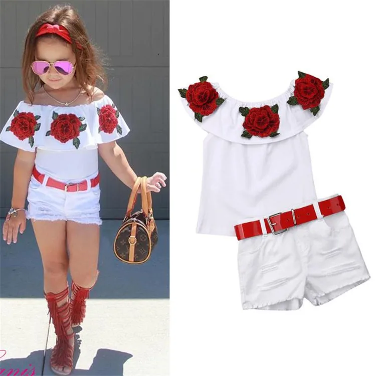 Best Selling China Online Kids Clothing Rose Flowers Embroidery Sets Korean Style Boutique Children Clothes Wholesale In Bulk