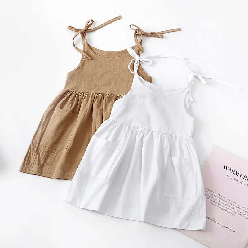 Fashion Baby Girls Linen Cotton Summer Dress Sling Children Dress Toddler Kids Summer  Dress Casual