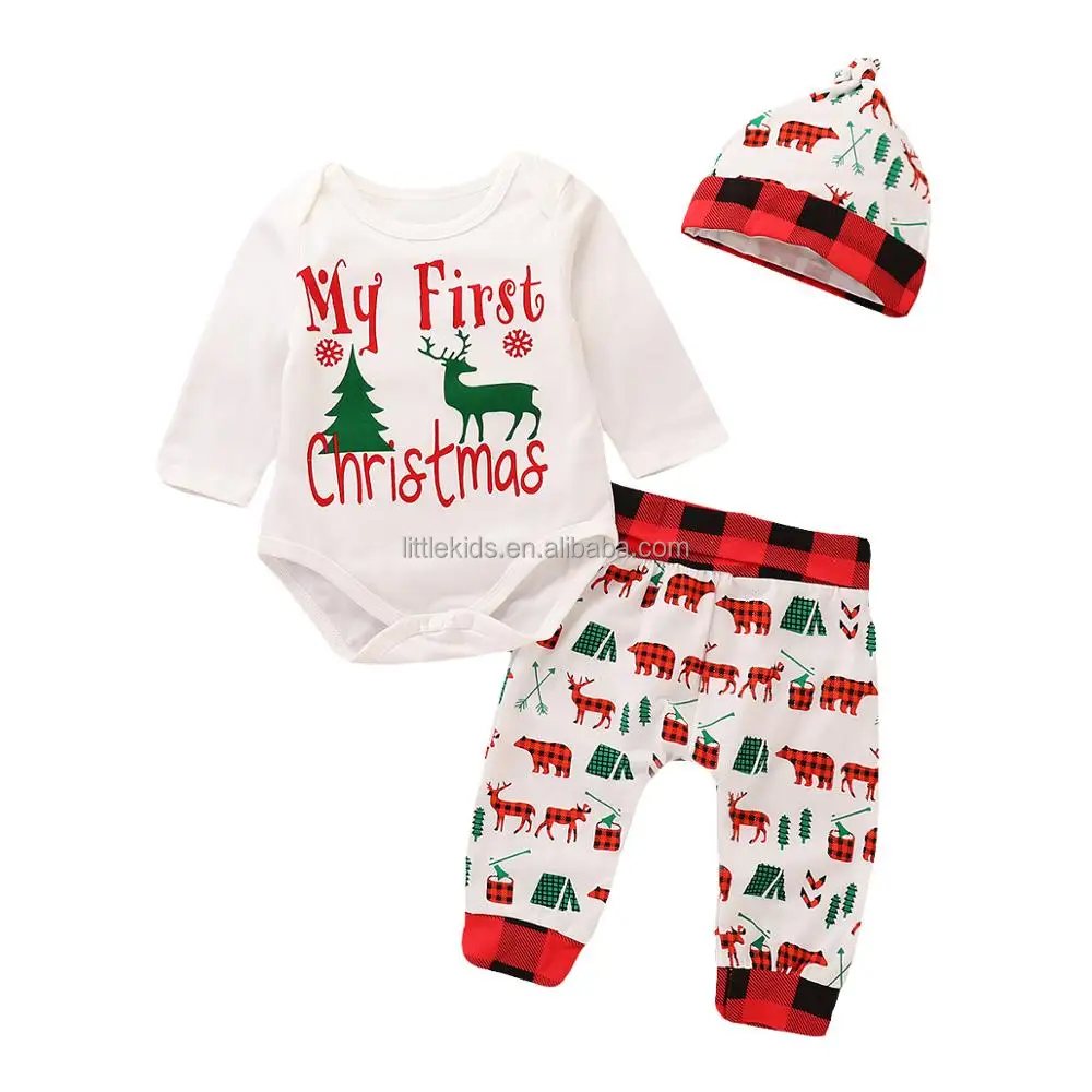 Newborn Baby Clothing Plaid 3 Pieces Set My First Christmas Cotton Baby Rompers Set