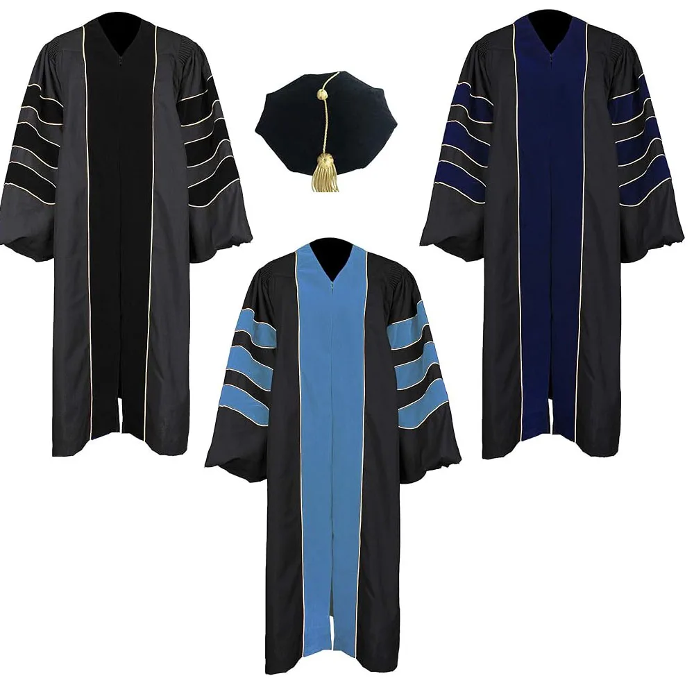 PHD Academic Unisex Deluxe Doctoral Graduation Gown Package with Gold Piping Doctoral Regalia