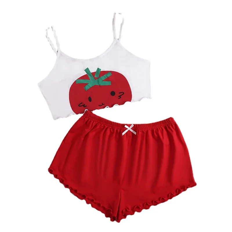 Wholesale Red Cute Tomato Print Milk Silk Sling Shorts Homewear Pajama Set