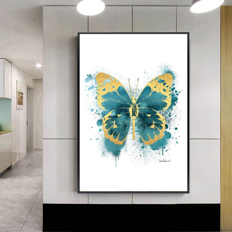 Modern Contemporary Wall Art Abstract Oil Decorative Painting Foil Beautiful Butterfly Red Purple Color Golden Canvas Animal