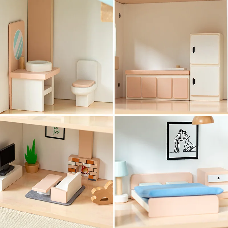 Kids Two Layer Doll House Toy Educational Role Pretend Play Simulation Nordic Style Wooden Dollhouse Furniture Girls Villa Toys