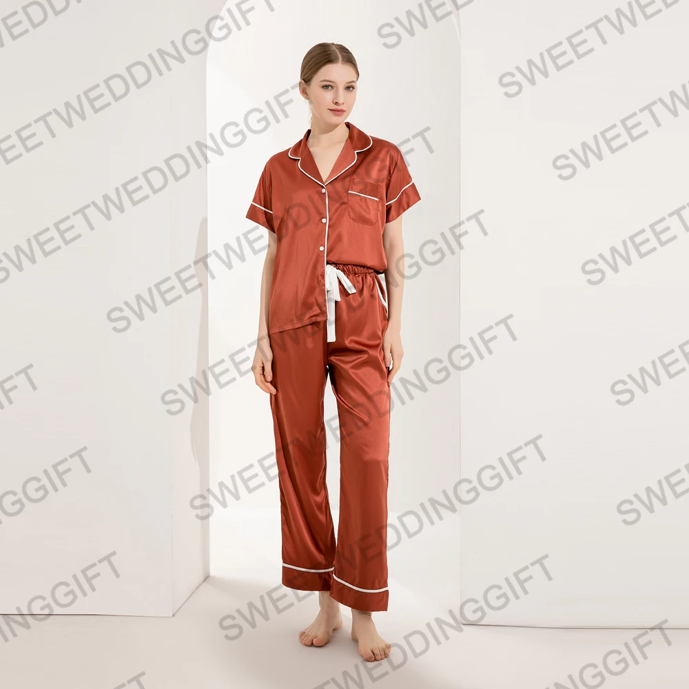 928 Satin Pajama Set Womens Silky Short Sleeve V Neck Shirt with Long Pant Soft Loungewear Pjs Set