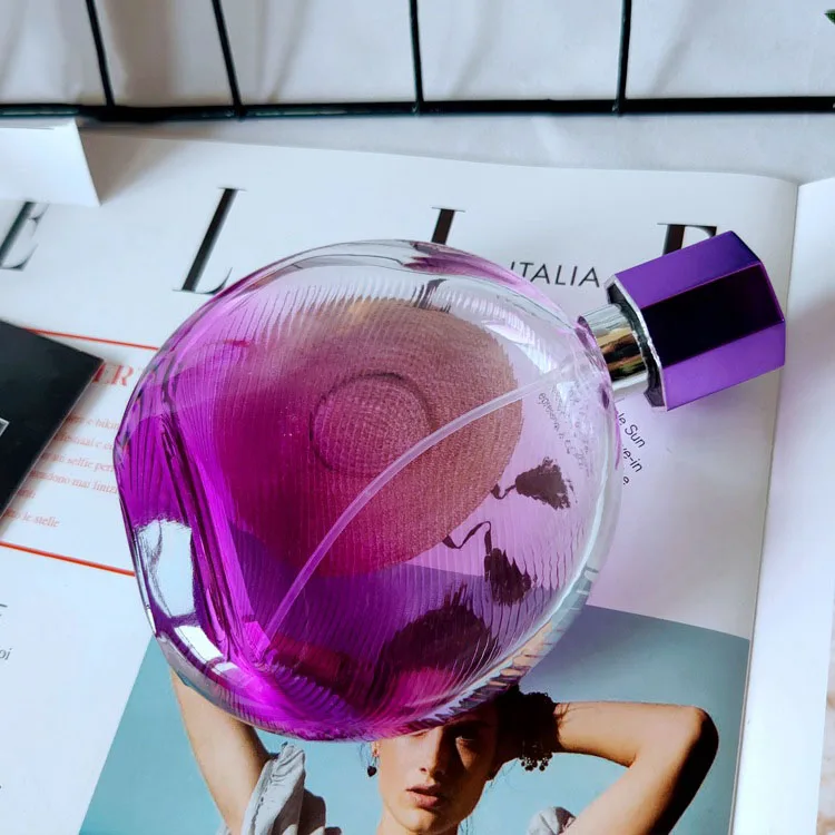 free sample  100 ml 100ml gradient purple color flat round empty glass perfume bottle with gold spray pump