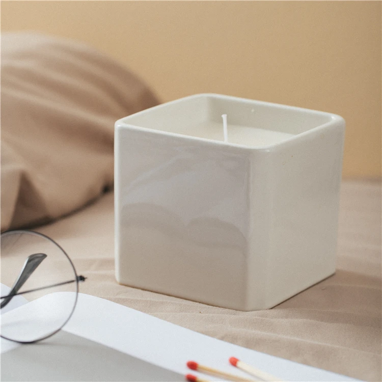 Wholesale cheap bulk custom glossy white candle vessel container empty ceramic square candle jar for candle making