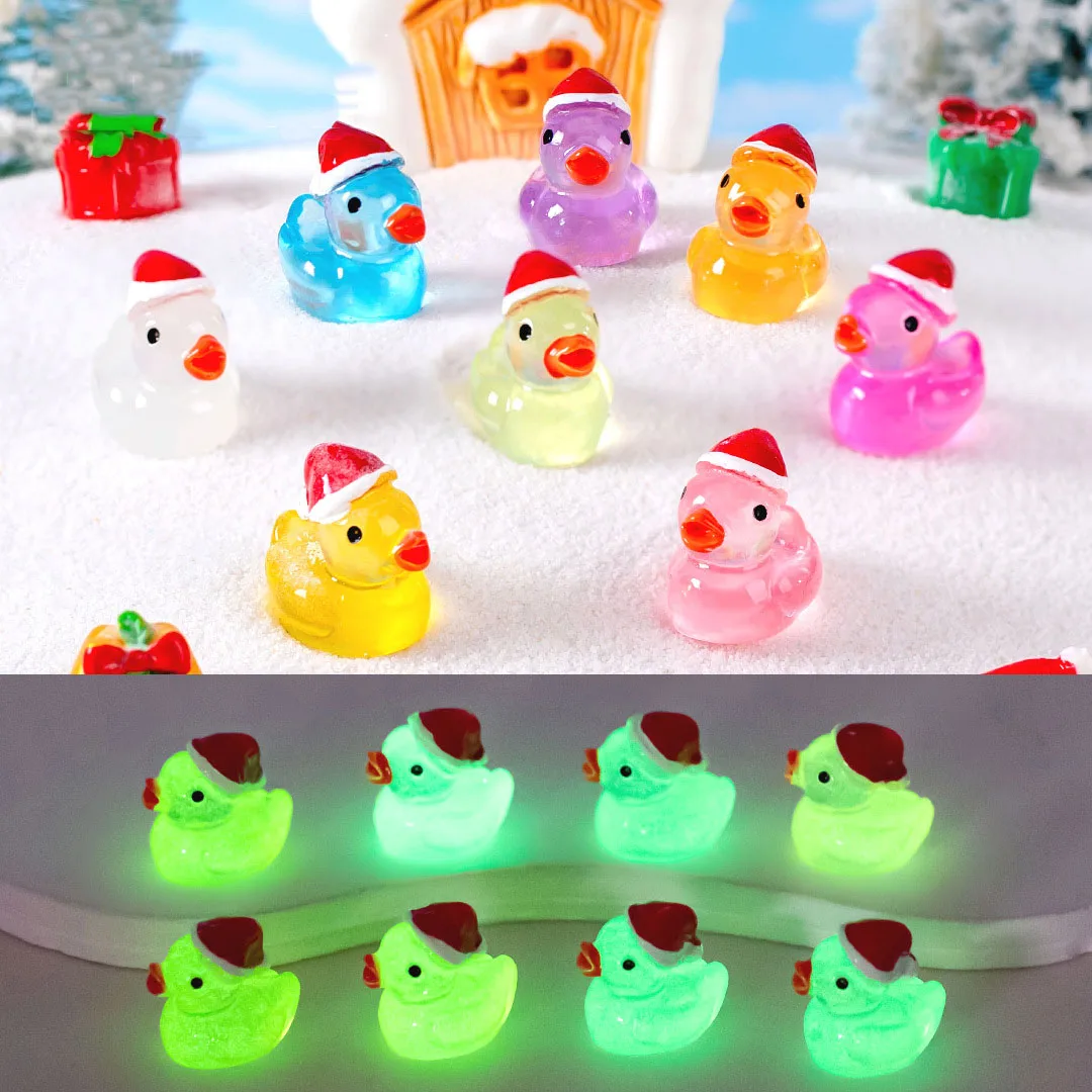 Hot New Products Christmas Miniature Glowing Duck Toys Mini Resin Ducks Wearing Christmas Hats Yard Garden Decor Water