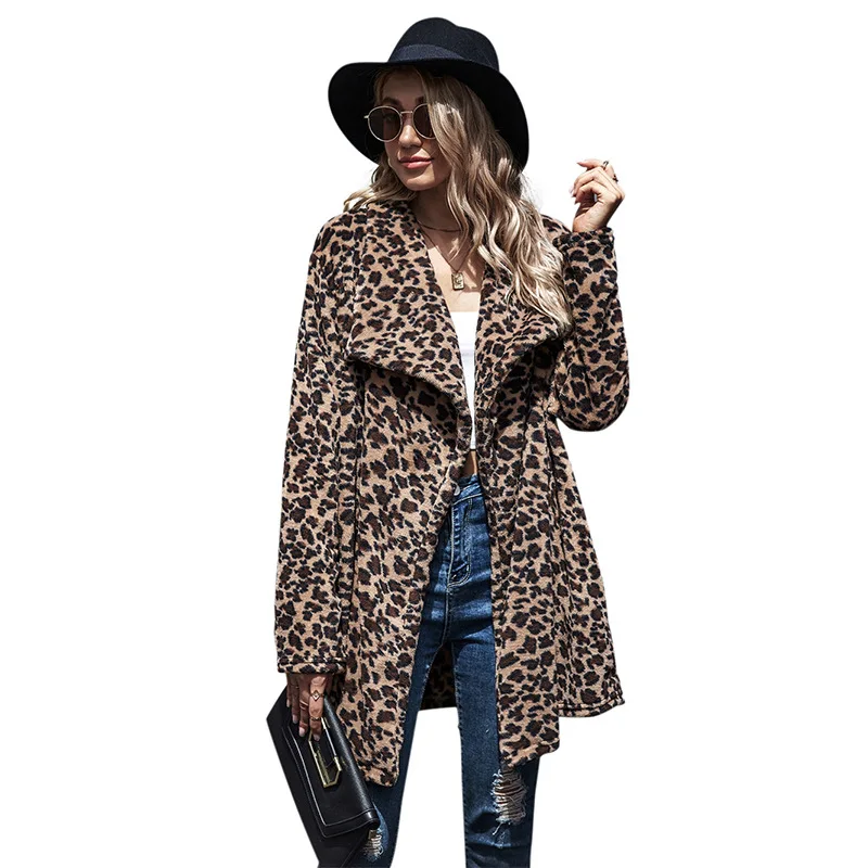 
2020 Autumn And Winter Long Sleeve Jacket Mid-length Leopard Print Faux Fur Coat Women 