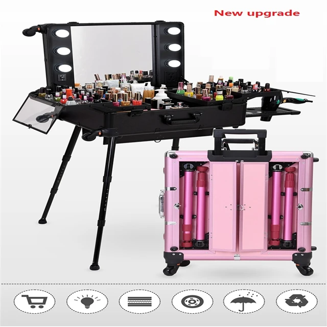 hot selling aluminum case with wheels trolley aluminium aluminum makeup cosmetic case with mirror lights bulbs legs stands trays